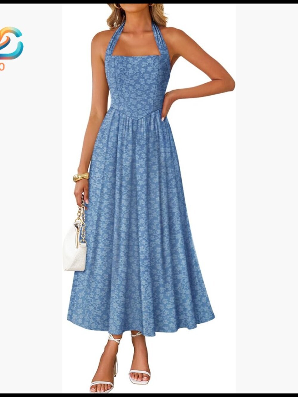 Summer Floral Halter Maxi Dress with Pockets, A-Line, Sleeveless